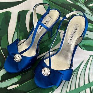 Nina, New York, blue satin heels with rhinestone detail